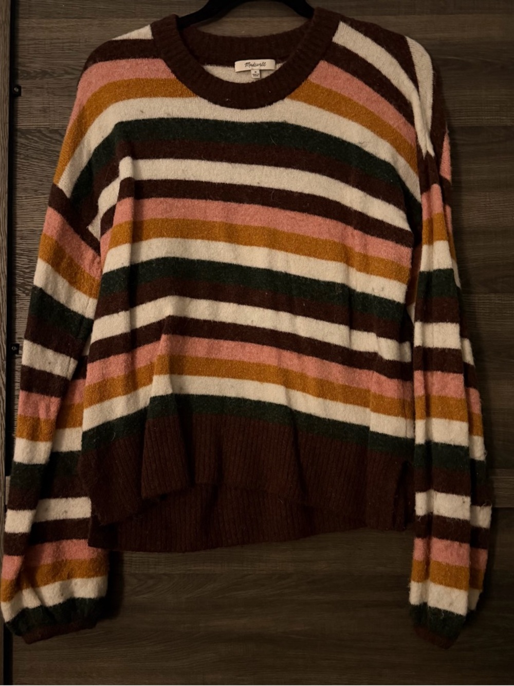 Madewell Brown Stripe Crewneck Sweater with Pink, Mustard & Green